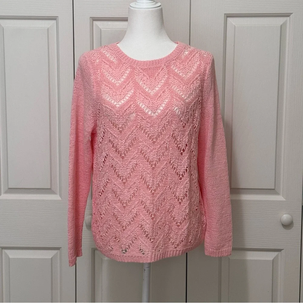 Talbots Scallop Pink Pointelle Crewneck Sweater LP Cotton Blend - Picture 15 of 16